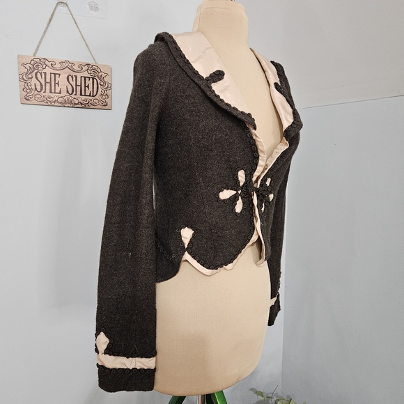 Guinevere Anthropologie Brown Boiled 100% Merino Wool Cardigan Medium Silk Trim - Picture 2 of 14